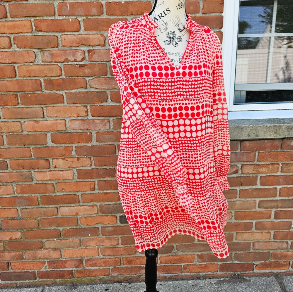 LOFT Red & White Hearts + Polka Dot Long Sleeve Flounce Mini Dress – S-M Fit